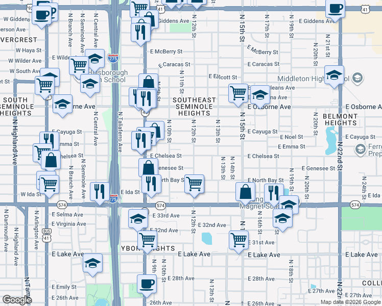 map of restaurants, bars, coffee shops, grocery stores, and more near 1106 East Chelsea Street in Tampa