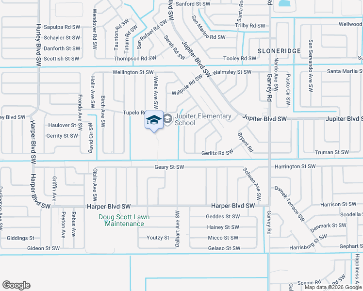 map of restaurants, bars, coffee shops, grocery stores, and more near 601 Wildmer Road Southwest in Palm Bay