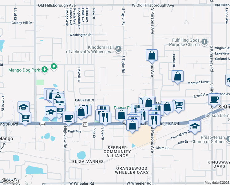 map of restaurants, bars, coffee shops, grocery stores, and more near 1010 Melrose Street in Seffner