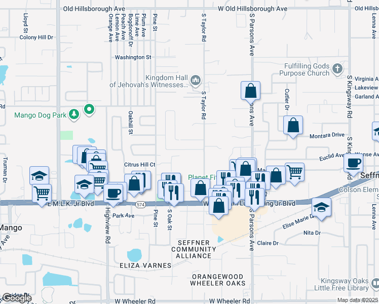 map of restaurants, bars, coffee shops, grocery stores, and more near 1010 Melrose Street in Seffner