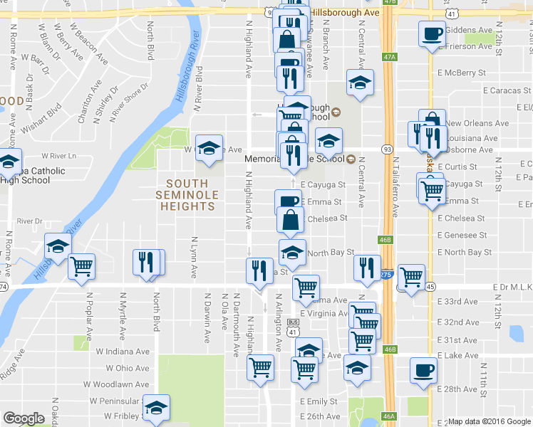map of restaurants, bars, coffee shops, grocery stores, and more near 117 W Chelsea St in Tampa