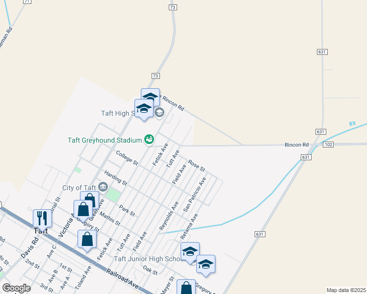 map of restaurants, bars, coffee shops, grocery stores, and more near 801 Rincon Road in Taft