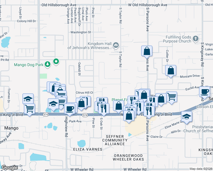 map of restaurants, bars, coffee shops, grocery stores, and more near 1101 Melrose Street in Seffner