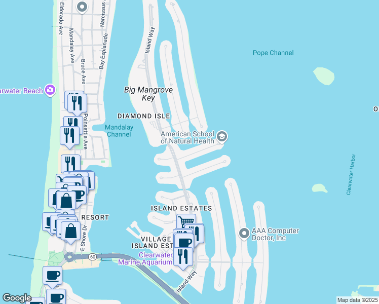 map of restaurants, bars, coffee shops, grocery stores, and more near 360 Palm Island Northeast in Clearwater