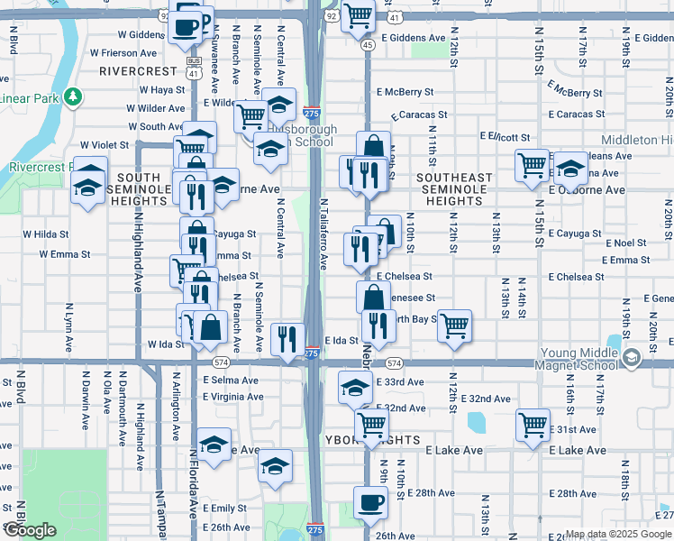 map of restaurants, bars, coffee shops, grocery stores, and more near 812 East Chelsea Street in Tampa