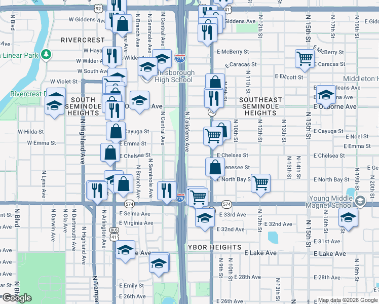 map of restaurants, bars, coffee shops, grocery stores, and more near 800 East Chelsea Street in Tampa