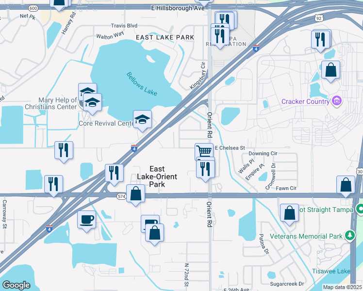 map of restaurants, bars, coffee shops, grocery stores, and more near 4401 North 72nd Street in Tampa