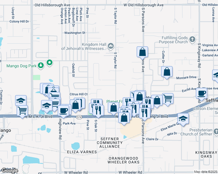 map of restaurants, bars, coffee shops, grocery stores, and more near 1010 Melrose Street in Seffner
