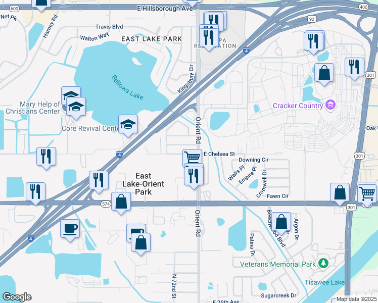 map of restaurants, bars, coffee shops, grocery stores, and more near 7220 East Chelsea Street in Tampa