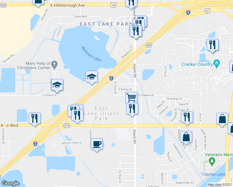 map of restaurants, bars, coffee shops, grocery stores, and more near 4401 North 72nd Street in Tampa