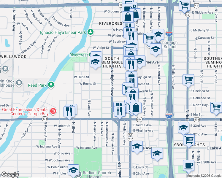 map of restaurants, bars, coffee shops, grocery stores, and more near 305 West Chelsea Street in Tampa