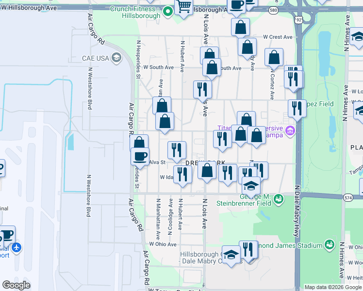 map of restaurants, bars, coffee shops, grocery stores, and more near 4620 North Thatcher Avenue in Tampa