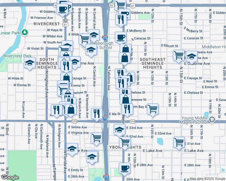 map of restaurants, bars, coffee shops, grocery stores, and more near 812 East Chelsea Street in Tampa