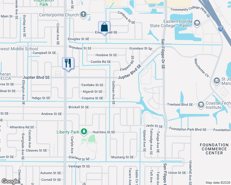map of restaurants, bars, coffee shops, grocery stores, and more near 555 Galilean Avenue Southeast in Palm Bay