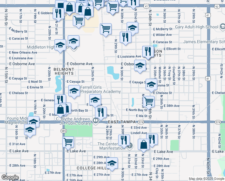 map of restaurants, bars, coffee shops, grocery stores, and more near 4407 North 29th Street in Tampa