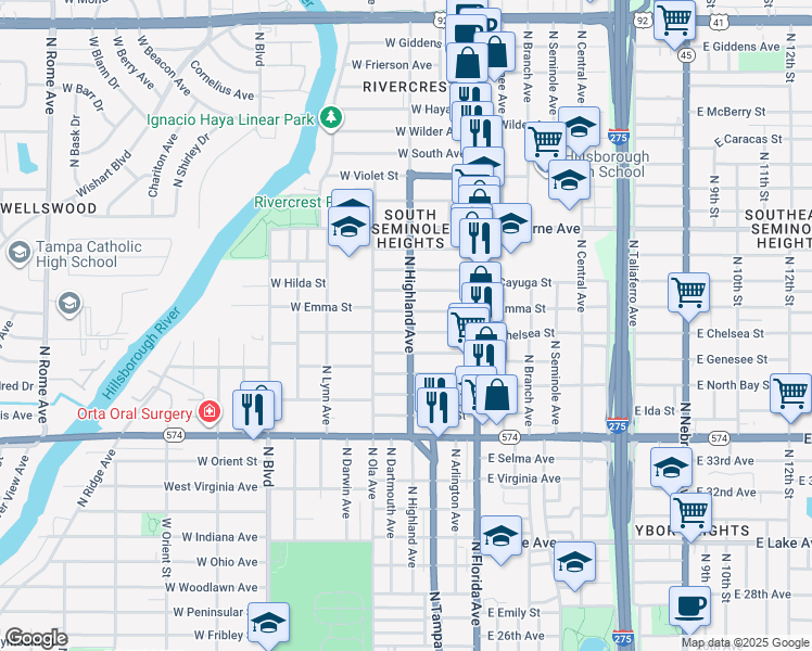 map of restaurants, bars, coffee shops, grocery stores, and more near 301 West Chelsea Street in Tampa