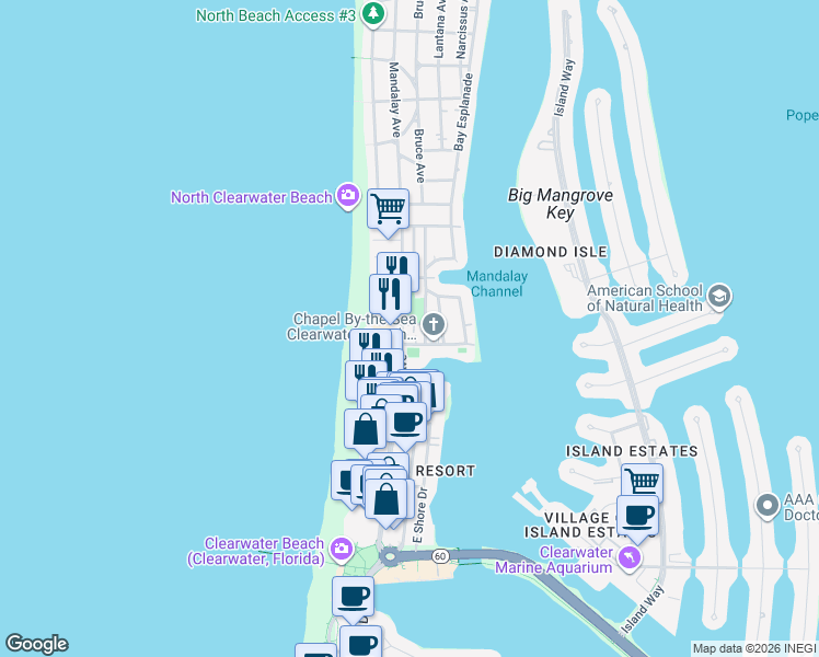 map of restaurants, bars, coffee shops, grocery stores, and more near 603 Mandalay Avenue in Clearwater