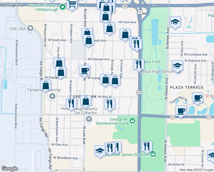 map of restaurants, bars, coffee shops, grocery stores, and more near 4615 North Hale Avenue in Tampa