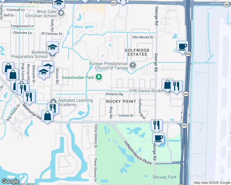 map of restaurants, bars, coffee shops, grocery stores, and more near 6707 Dimarco Road in Tampa