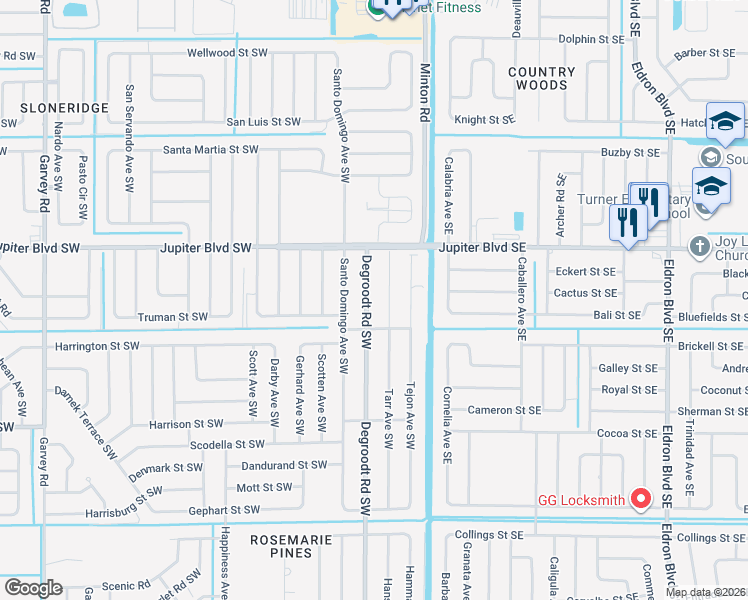 map of restaurants, bars, coffee shops, grocery stores, and more near 607 Degroodt Road Southwest in Palm Bay