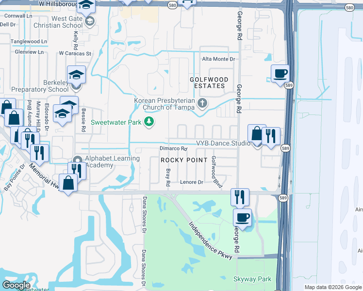 map of restaurants, bars, coffee shops, grocery stores, and more near 6707 Dimarco Road in Tampa