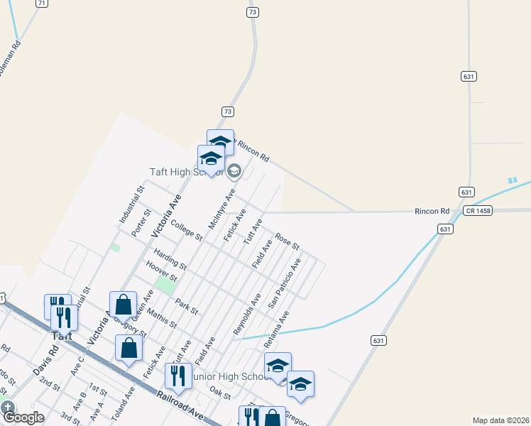 map of restaurants, bars, coffee shops, grocery stores, and more near 801 Rincon Road in Taft