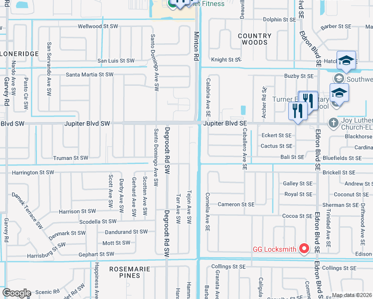 map of restaurants, bars, coffee shops, grocery stores, and more near 606 Tejon Avenue Southwest in Palm Bay