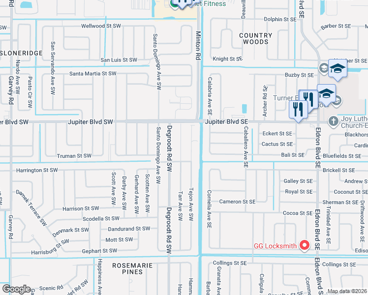 map of restaurants, bars, coffee shops, grocery stores, and more near 606 Tejon Avenue Southwest in Palm Bay