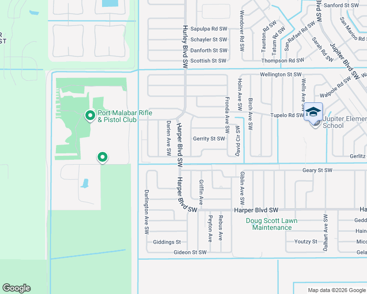 map of restaurants, bars, coffee shops, grocery stores, and more near 1457 Harper Boulevard Southwest in Palm Bay
