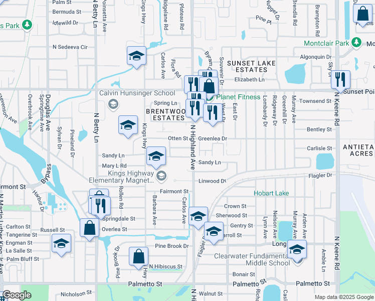 map of restaurants, bars, coffee shops, grocery stores, and more near 1487 Carolyn Lane in Clearwater