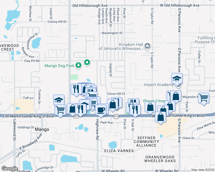 map of restaurants, bars, coffee shops, grocery stores, and more near 1401 Oak Valley Drive in Seffner