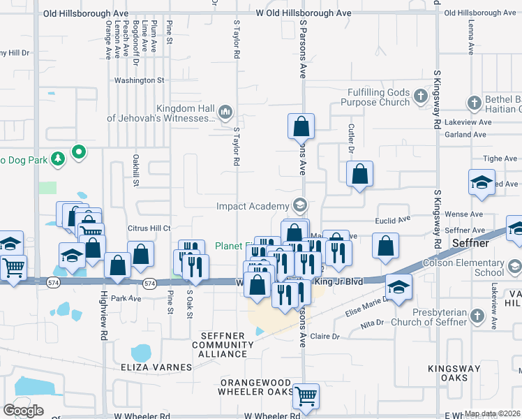 map of restaurants, bars, coffee shops, grocery stores, and more near 1212 South Taylor Road in Seffner