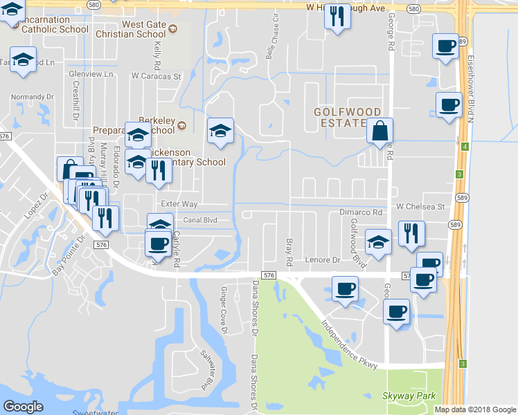 map of restaurants, bars, coffee shops, grocery stores, and more near 6919 Dimarco Road in Tampa