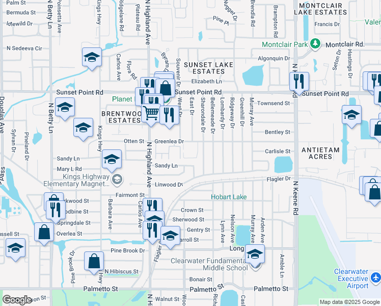 map of restaurants, bars, coffee shops, grocery stores, and more near 1585 Greenlea Drive in Clearwater