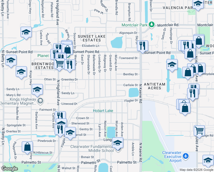 map of restaurants, bars, coffee shops, grocery stores, and more near 1736 Ridgeway Drive in Clearwater