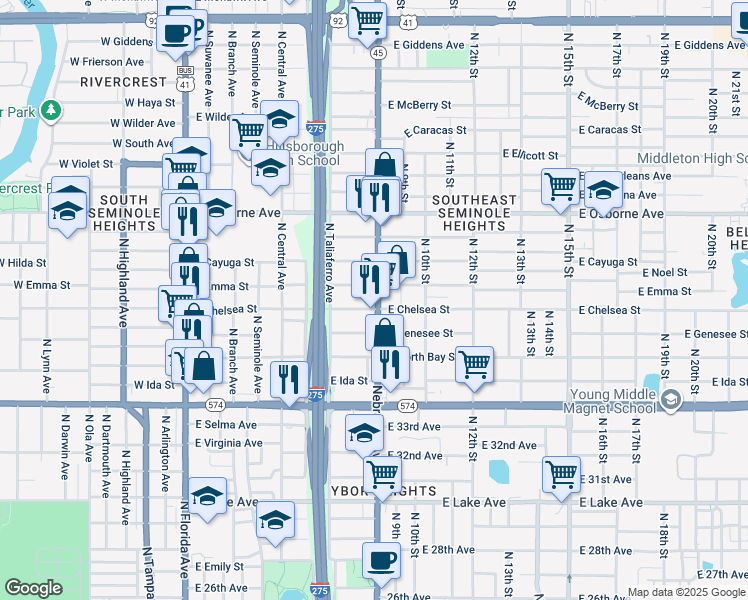 map of restaurants, bars, coffee shops, grocery stores, and more near 812 East Chelsea Street in Tampa