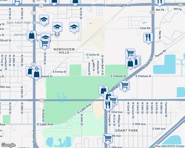 map of restaurants, bars, coffee shops, grocery stores, and more near 4404 North 48th Street in Tampa