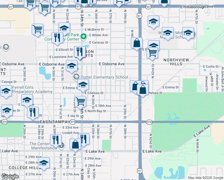 map of restaurants, bars, coffee shops, grocery stores, and more near 4405 North 38th Street in Tampa