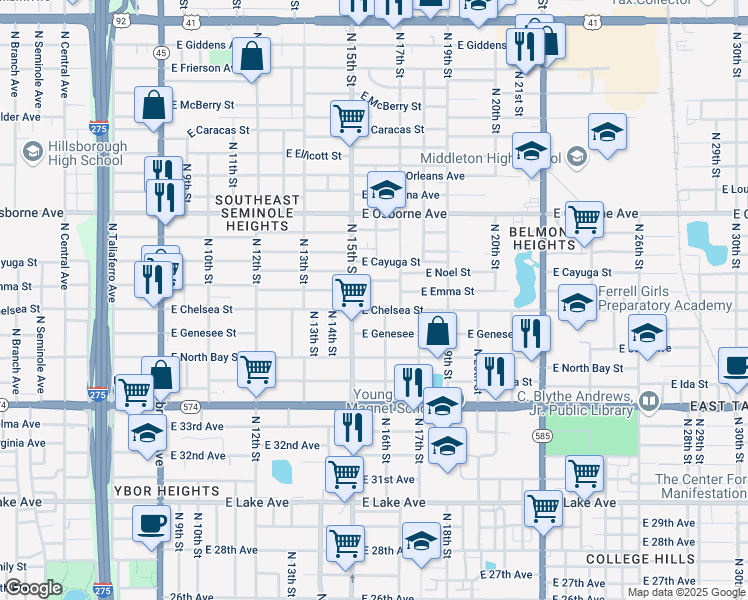 map of restaurants, bars, coffee shops, grocery stores, and more near 1514 East Chelsea Street in Tampa