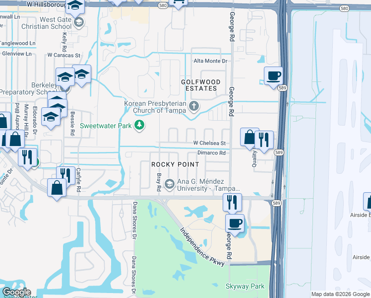 map of restaurants, bars, coffee shops, grocery stores, and more near 6513 Dimarco Road in Tampa