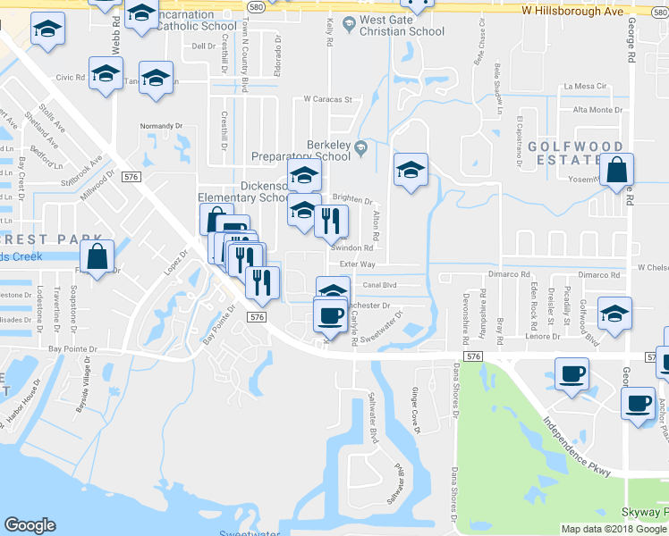 map of restaurants, bars, coffee shops, grocery stores, and more near 7508 Exter Way in Tampa