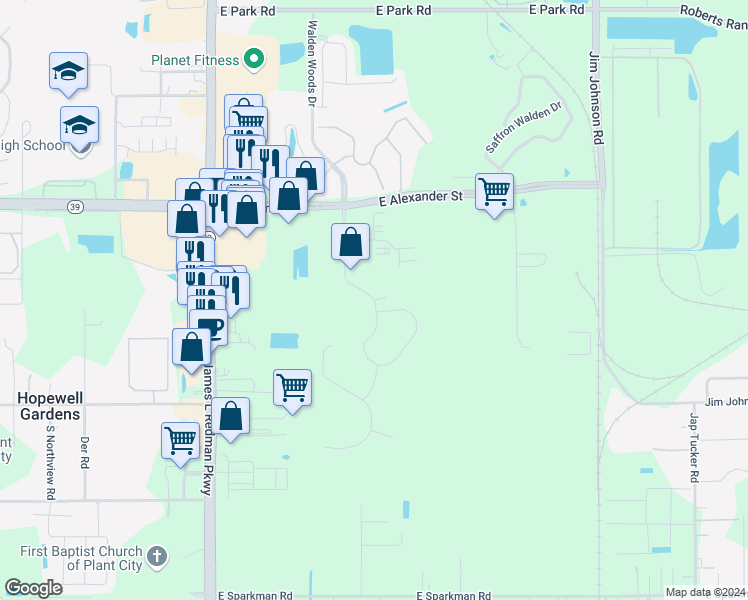 map of restaurants, bars, coffee shops, grocery stores, and more near 2620 Walden Woods Dr in Plant City