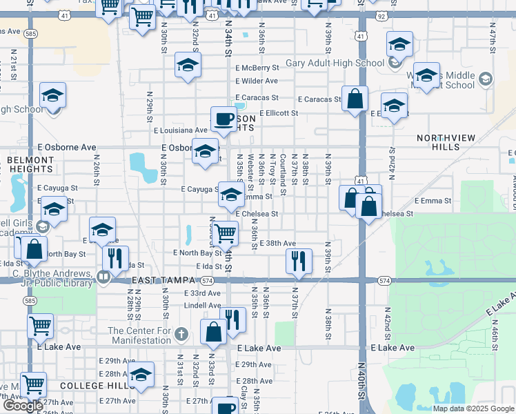 map of restaurants, bars, coffee shops, grocery stores, and more near 4406 North 36th Street in Tampa