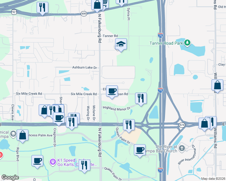 map of restaurants, bars, coffee shops, grocery stores, and more near 10149 Ellen Avenue in Tampa