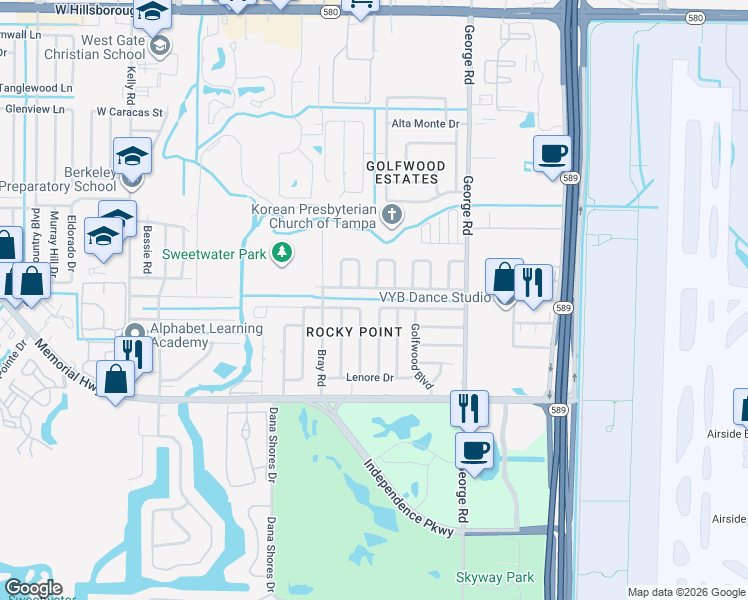 map of restaurants, bars, coffee shops, grocery stores, and more near 6513 Dimarco Road in Tampa