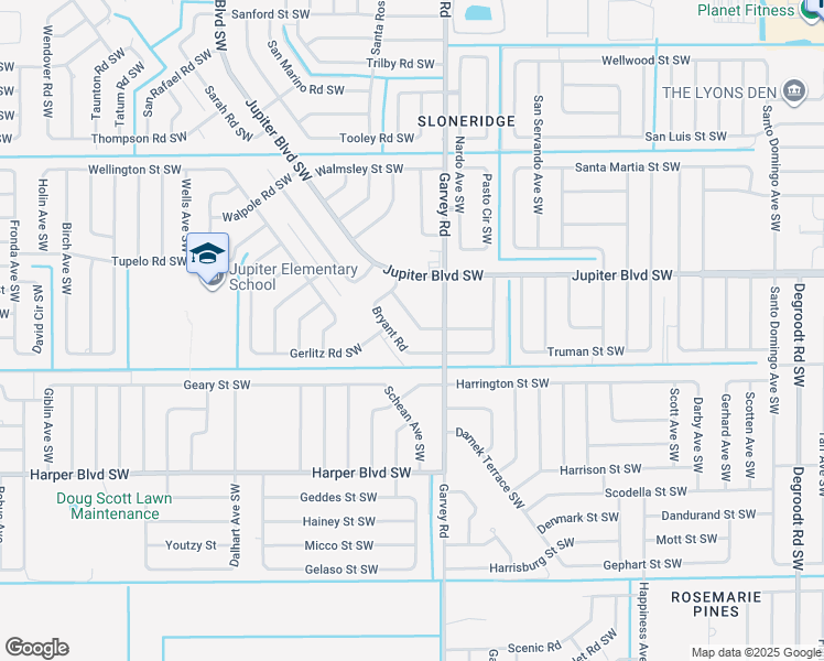 map of restaurants, bars, coffee shops, grocery stores, and more near 660 Weaver Road Southwest in Palm Bay