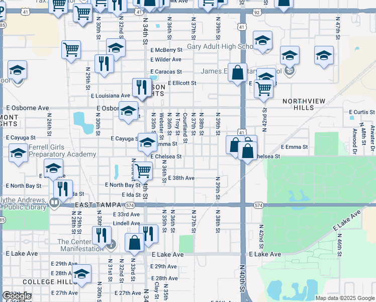 map of restaurants, bars, coffee shops, grocery stores, and more near 4405 Courtland Street in Tampa
