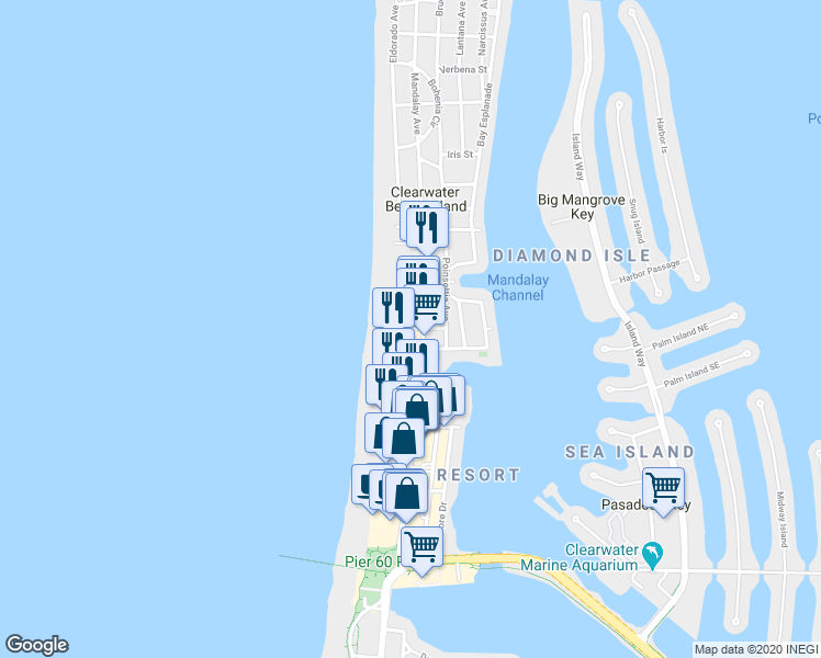 map of restaurants, bars, coffee shops, grocery stores, and more near 99 Kendall Street in Clearwater