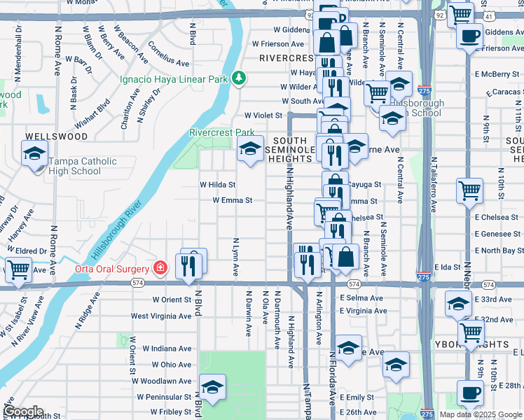 map of restaurants, bars, coffee shops, grocery stores, and more near 4404 North Ola Avenue in Tampa