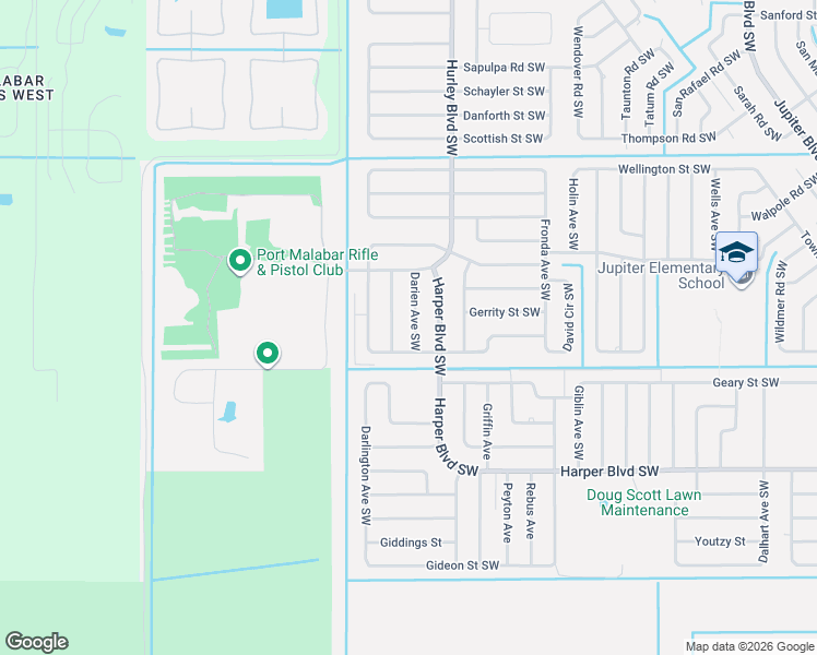 map of restaurants, bars, coffee shops, grocery stores, and more near 570 Darien Avenue Southwest in Palm Bay